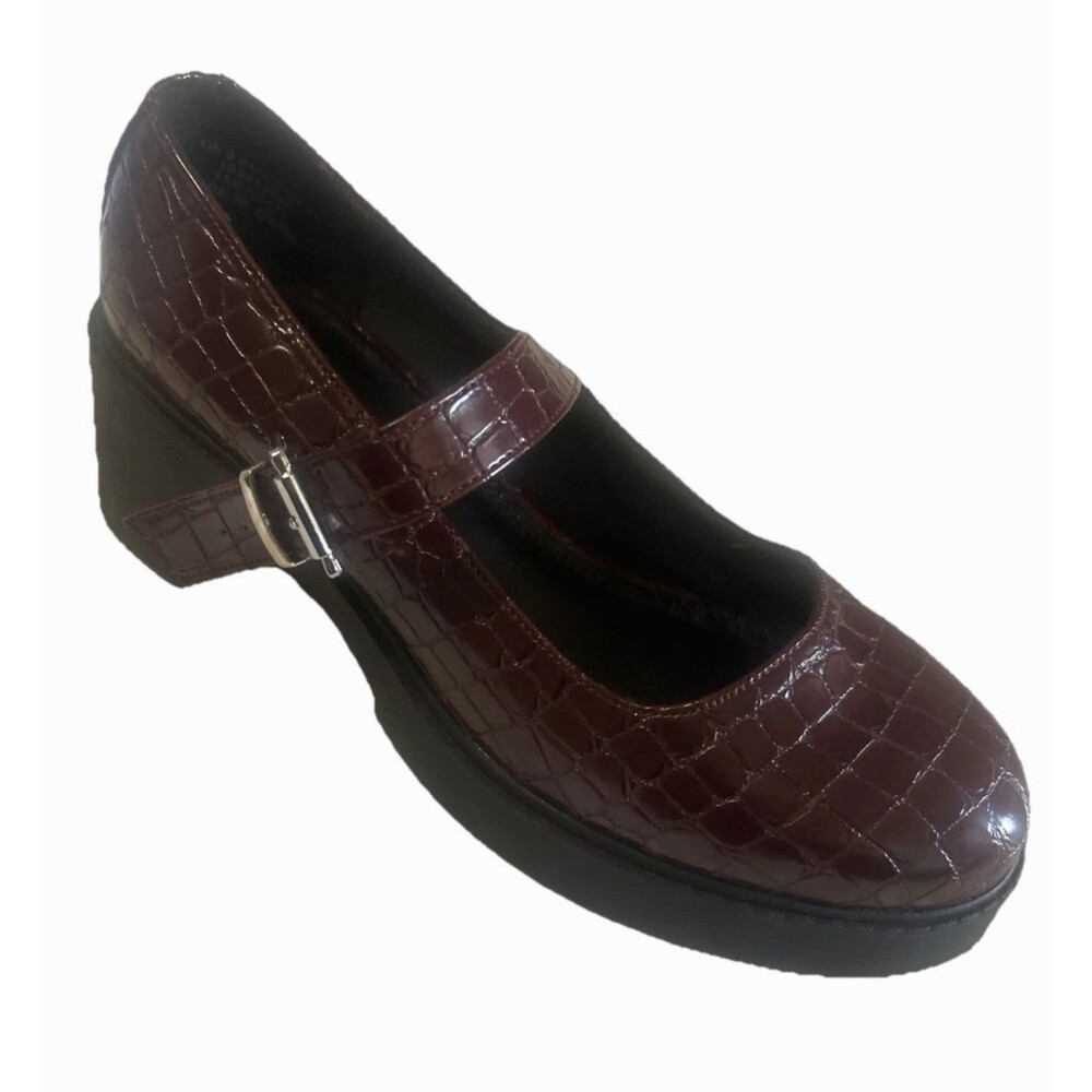 ASOS Sebi Sz 11 Burgundy Croc Platform Mary Jane Shoes Patent Faux Chunky Heel